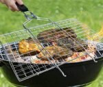 ALXIND Portable Barbecue BBQ Grill Net Basket Roast Grilling Tray Chromium Plated with Wooden Handle (Small) (AL-35)