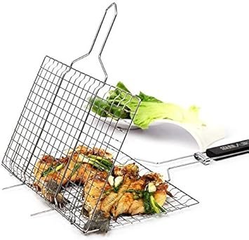 ALXIND Portable Barbecue BBQ Grill Net Basket Roast Grilling Tray Chromium Plated with Wooden Handle (Small) (AL-35)