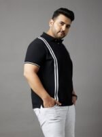 bigbanana Plus Size Men Black & White Striped Polo Collar T-shirt