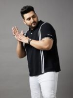 bigbanana Plus Size Men Black & White Striped Polo Collar T-shirt