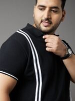 bigbanana Plus Size Men Black & White Striped Polo Collar T-shirt