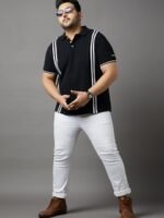 bigbanana Plus Size Men Black & White Striped Polo Collar T-shirt