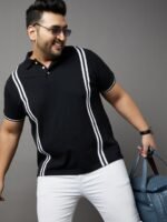 bigbanana Plus Size Men Black & White Striped Polo Collar T-shirt