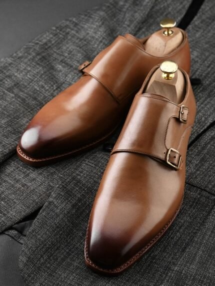 BLUBRD Men Leather Formal Monk Shoes