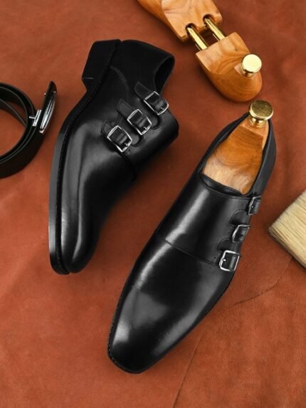 BLUBRD Men Leather Formal Monk Shoes