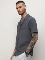 Campus Sutra Grey Classic Textured Cuban Collar Short Sleeves Casual Shirt