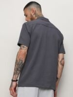 Campus Sutra Grey Classic Textured Cuban Collar Short Sleeves Casual Shirt