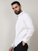 Campus Sutra White Classic Vertical Striped Spread Collar Casual Shirt