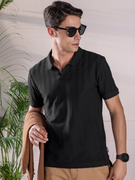 DAMENSCH Textured Polo-Collar Short Sleeves Pure Cotton Tshirts