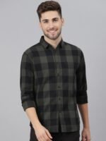 Dennis Lingo Men Olive Green & Black Comfort Slim Fit Buffalo Checked Cotton Casual Shirt