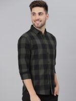 Dennis Lingo Men Olive Green & Black Comfort Slim Fit Buffalo Checked Cotton Casual Shirt