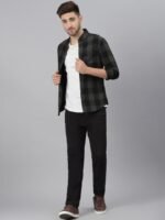 Dennis Lingo Men Olive Green & Black Comfort Slim Fit Buffalo Checked Cotton Casual Shirt