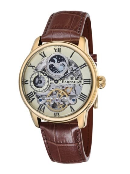 EARNSHAW Men Beige Skeleton Dial & Brown Leather Straps Analogue Watch ES-8006-06