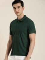 ether Men Pine Green Solid Polo Collar Regular Sleeves Antimicrobial Slim Fit T-shirt