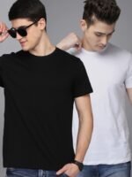 Free Authority Men Pack Of 2 Black & White Solid Pure Cotton T-shirt