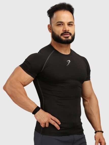 FUAARK Men Black V-Neck Applique Compression T-shirt