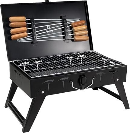 H Hy-tec (Device) Hybb, Traveler Foldable Charcoal Barbeque Grill With 8 Skewers & Charcoal Tray (Stellar Black), Free Standing