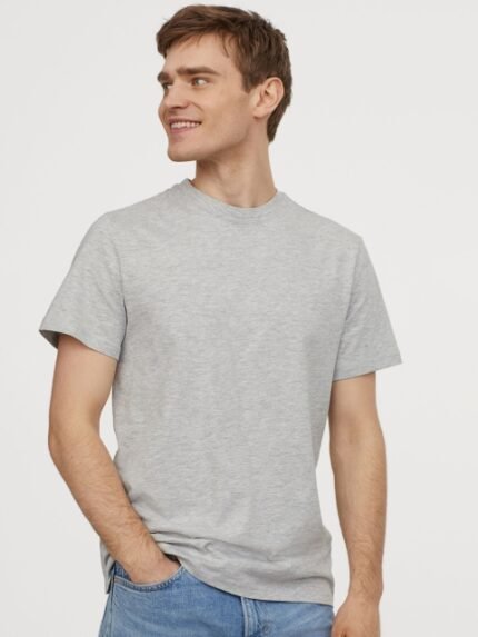 H&M Men Grey Solid Round-neck T-shirt Regular Fit