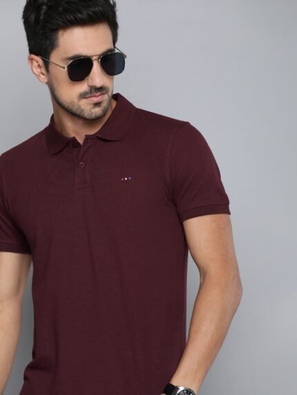 Harvard Men Burgundy Solid Polo Collar T-shirt