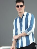 HERE&NOW Blue Slim Fit Vertical Striped Cotton Casual Shirt