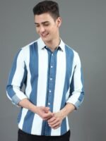 HERE&NOW Blue Slim Fit Vertical Striped Cotton Casual Shirt