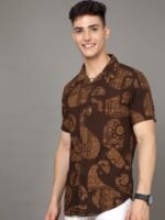 HERE&NOW Brown Ethnic Motifs Printed Cuban Collar Slim Fit Casual Shirt