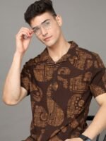 HERE&NOW Brown Ethnic Motifs Printed Cuban Collar Slim Fit Casual Shirt