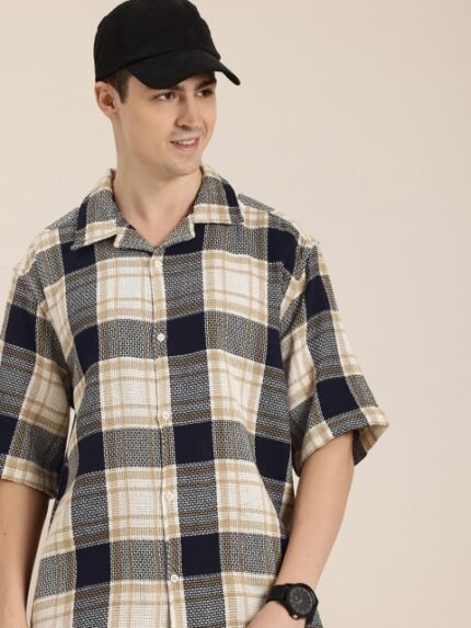 HERE&NOW Knitted Checked Relaxed Fit Casual Shirt