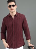 HERE&NOW Maroon Slim Fit Vertical Striped Cotton Casual Shirt