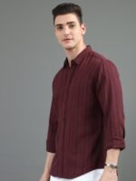 HERE&NOW Maroon Slim Fit Vertical Striped Cotton Casual Shirt