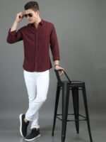 HERE&NOW Maroon Slim Fit Vertical Striped Cotton Casual Shirt