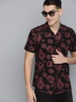 HERE&NOW Men Black & Maroon Slim Fit Tropical Printed Sustainable Casual Shirt