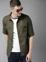 HERE&NOW Men Olive Green Slim Fit Solid Casual Shirt