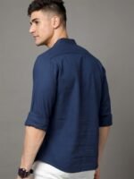 HERE&NOW Navy Blue Self Design Band Collar Cotton Casual Shirt