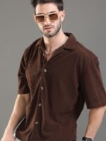 HERE&NOW Ribbed Cuban Collar Corduroy Oversized Casual Shirt