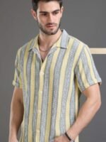 HERE&NOW Slim Fit Striped Cuban Collar Cotton Casual Shirt