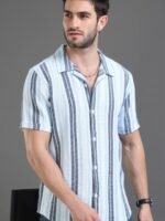 HERE&NOW Slim Fit Striped Cuban Collar Cotton Casual Shirt