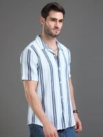 HERE&NOW Slim Fit Striped Cuban Collar Cotton Casual Shirt