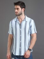 HERE&NOW Slim Fit Striped Cuban Collar Cotton Casual Shirt