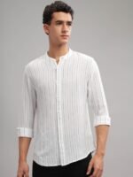 HERE&NOW Slim Fit Striped Mandarin Collar Cotton Casual Shirt