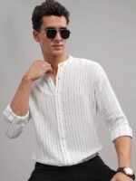 HERE&NOW Slim Fit Striped Mandarin Collar Cotton Casual Shirt