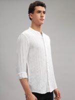 HERE&NOW Slim Fit Striped Mandarin Collar Cotton Casual Shirt