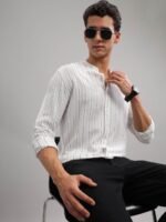 HERE&NOW Slim Fit Striped Mandarin Collar Cotton Casual Shirt