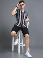 HERE&NOW Slim Fit Vertical Striped Cuban Collar Casual Shirt