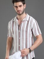 HERE&NOW Slim Fit Vertical Striped Cuban Collar Cotton Casual Shirt