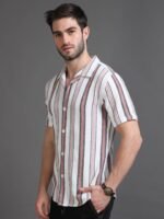 HERE&NOW Slim Fit Vertical Striped Cuban Collar Cotton Casual Shirt