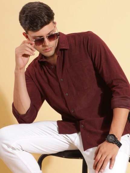 HERE&NOW Spread Collar Slim Fit Corduroy Casual Shirt