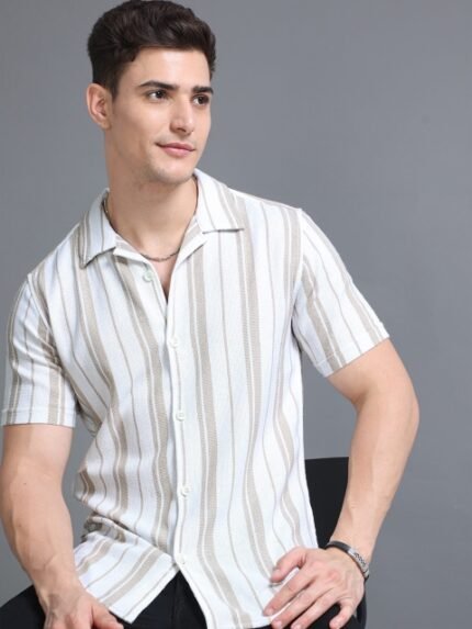 HERE&NOW Striped Cuban Collar Slim Fit Cotton Casual Shirt