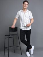 HERE&NOW Striped Cuban Collar Slim Fit Cotton Casual Shirt