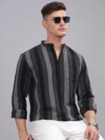 HERE&NOW Striped Mandarin Collar Casual Shirt